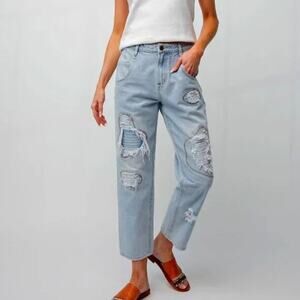 Easel Light Blue Distressed Straight Leg Jeans
